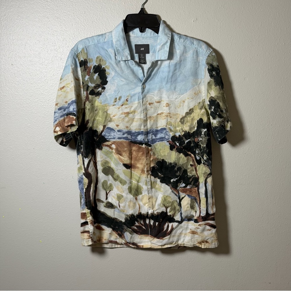 H&M Men's Scenic Print Landscape Button Blue Hawaiian Button Shirt size S
